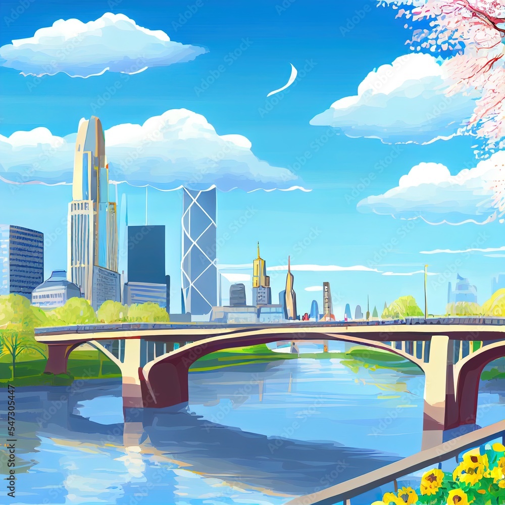 Beautiful view on Frankfurt am Main skyline cityscape with blue sky, clouds, Main river, bridge Eise