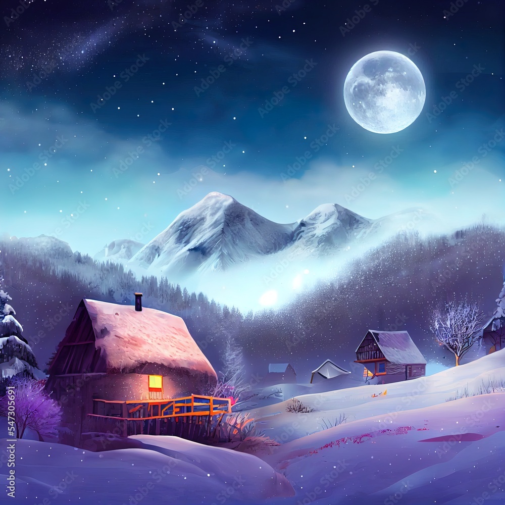 壮丽的满月升起在喀尔巴阡山村，木屋覆盖着新鲜空气