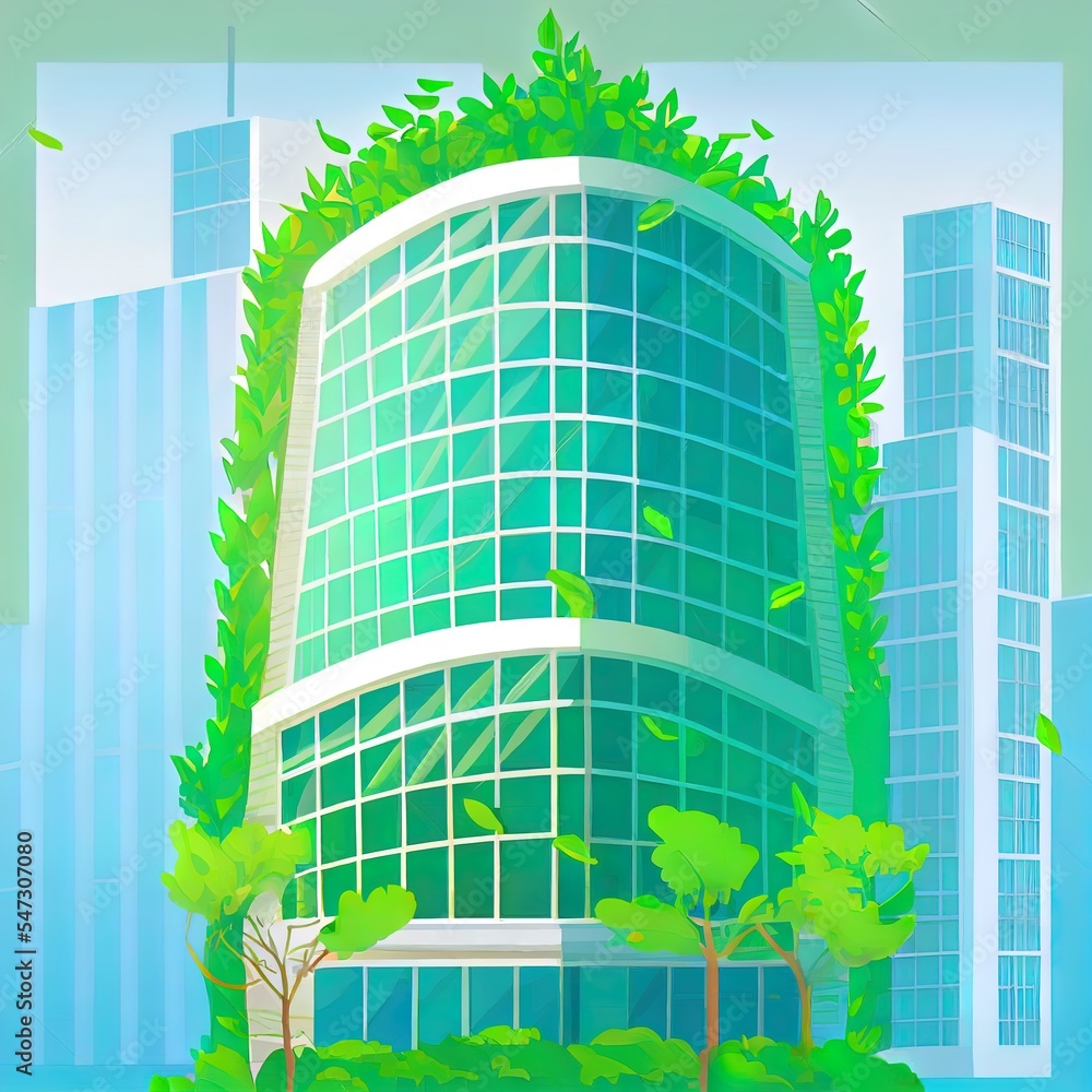 现代城市中的环保建筑。绿色的树枝、树叶和可持续的玻璃建筑