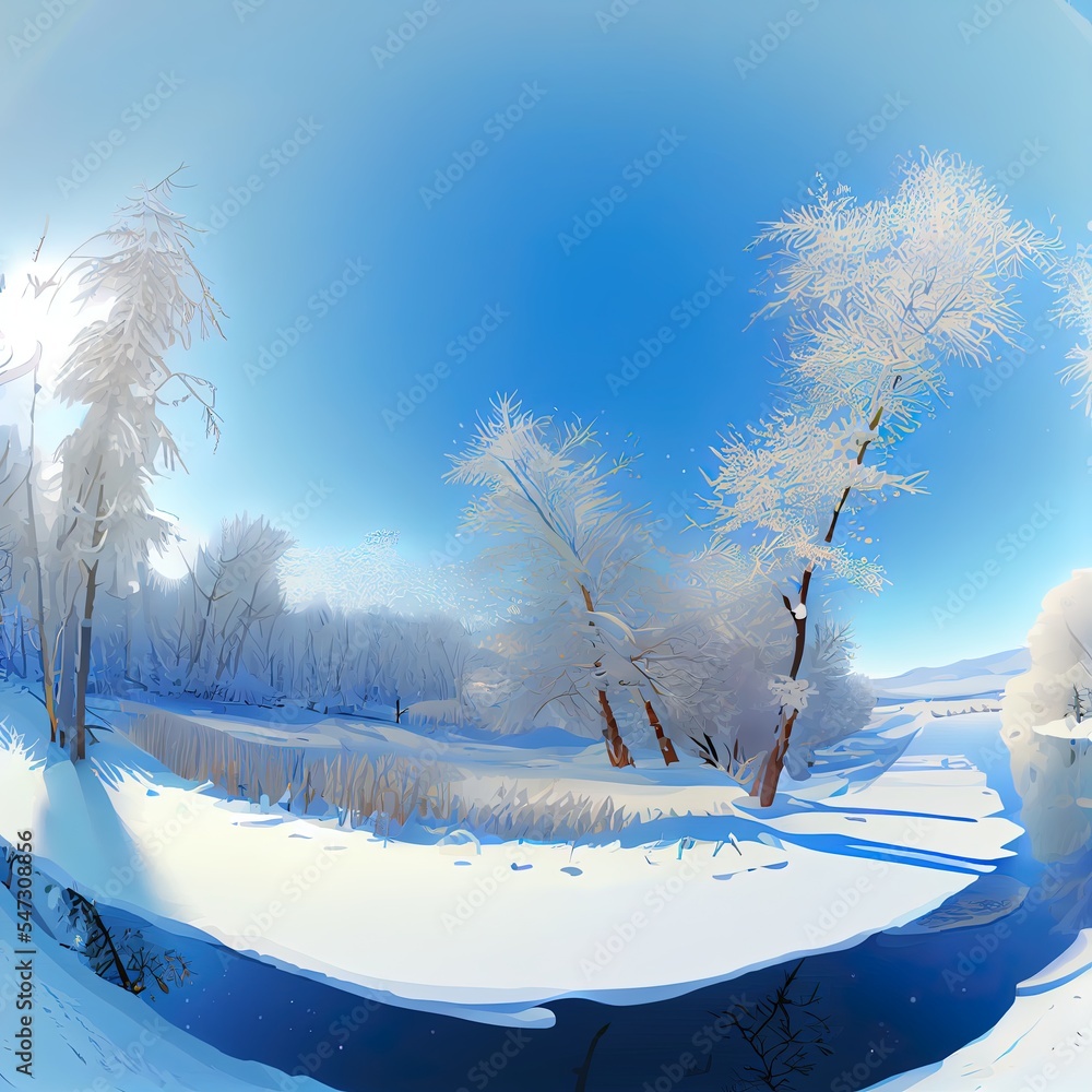 360度全景，冬日的风景树在阳光明媚的日子里在霜雪中漂浮在河上