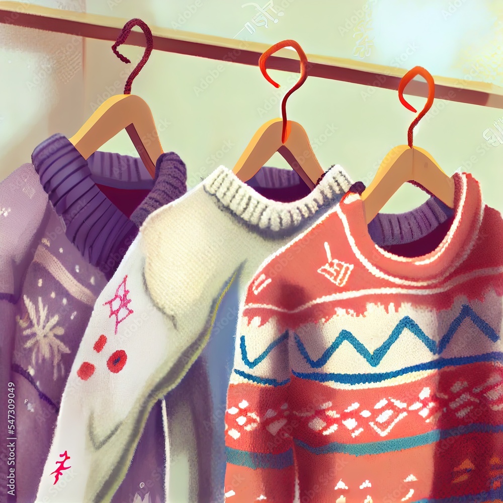 折叠袖子的针织衣服挂在室内衣架上特写。冬季。