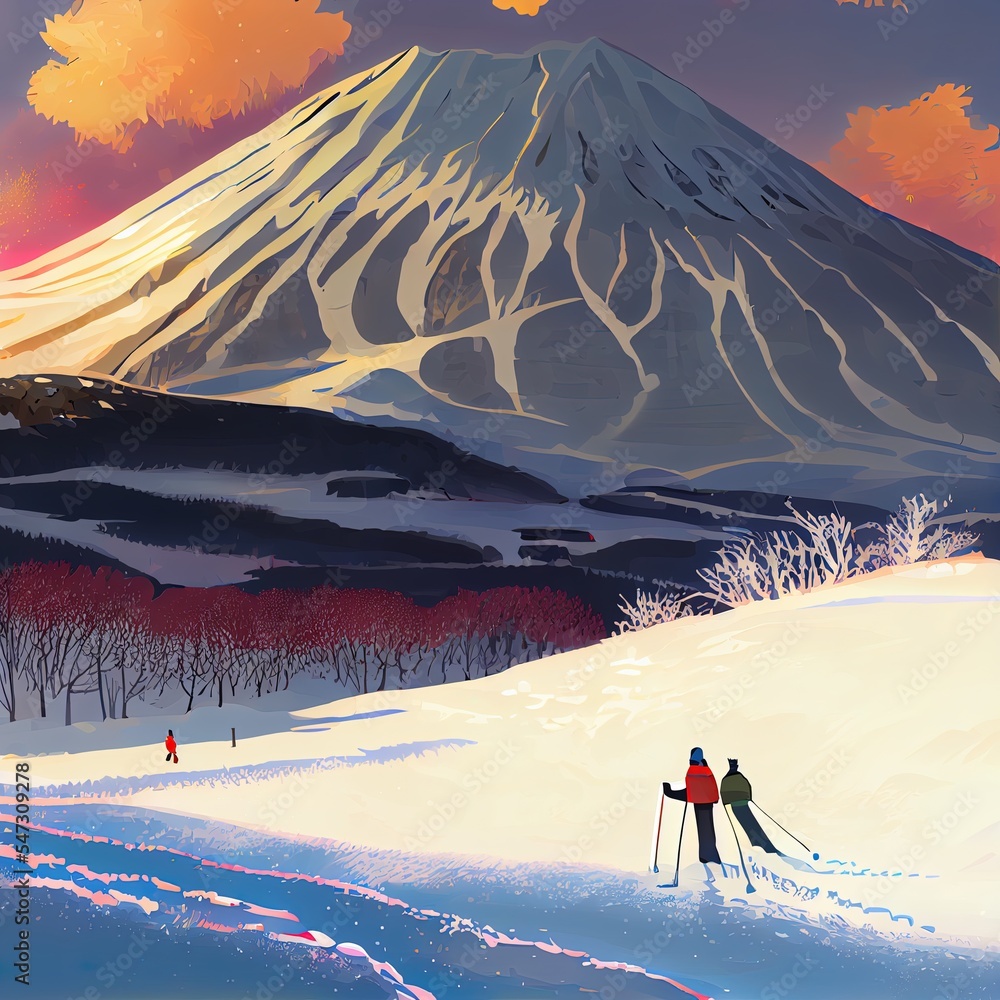 下午晚些时候，滑雪爱好者看到了一座雪火山（日本北海道日清市）
