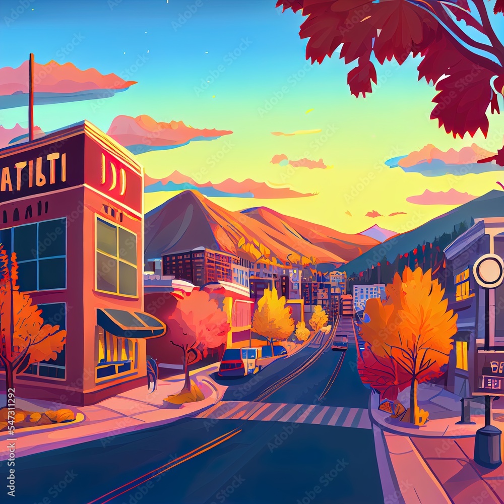 美国犹他州帕克城，秋天黄昏时分的市中心。