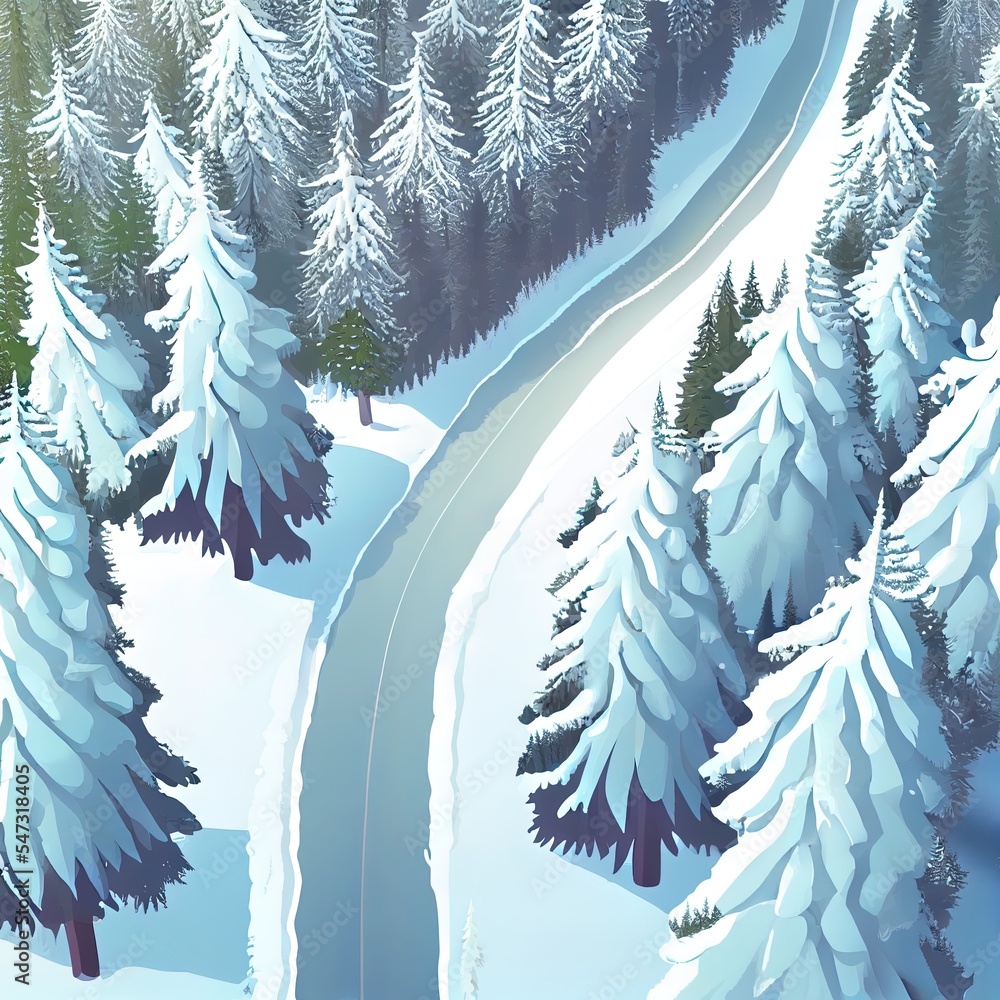 冬季森林中的道路鸟瞰图，高高的松树或云杉被雪覆盖。驾驶