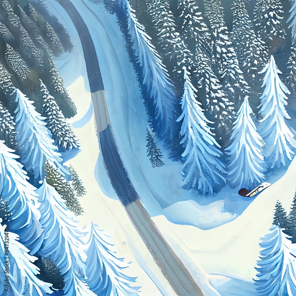 冬季森林中的道路鸟瞰图，高高的松树或云杉被雪覆盖。驾驶