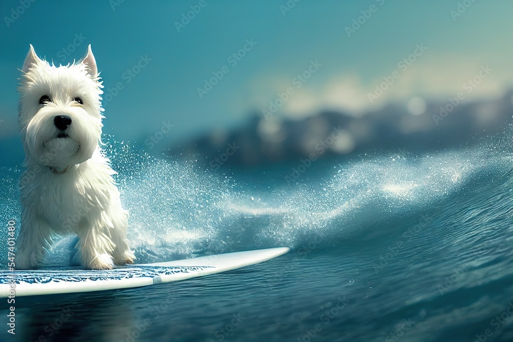 壮观的西高地白色土狗看着冲浪板上的摄像头，海浪拍打着海水。