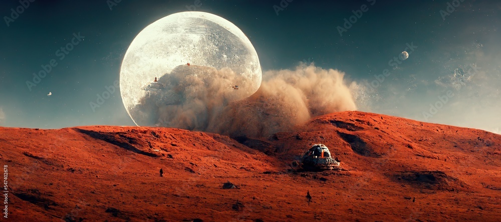 火星景观、稀薄的大气层地平线天空和da期间的明亮月亮的壮观全景