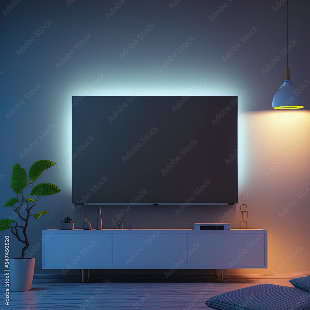 客厅白色墙壁的夜间发光电视屏幕实物模型。3d插图