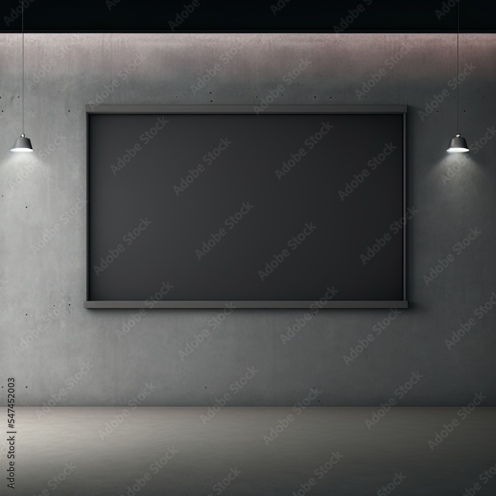 Mockup a TV wall mounted in a dark room with concrete wall.3d rendering