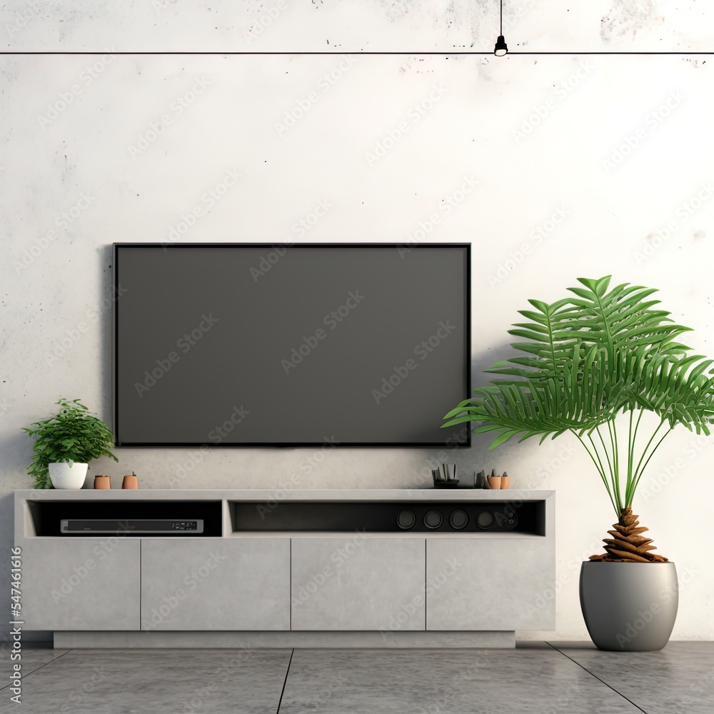 现代客厅橱柜上的电视，水泥墙上的植物背景，三维渲染