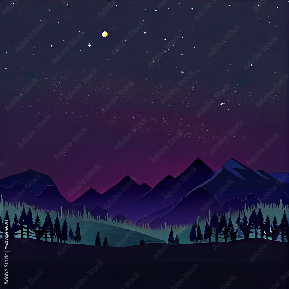 夜晚的山脉和森林景观平面图。树木和山峰的自然风光