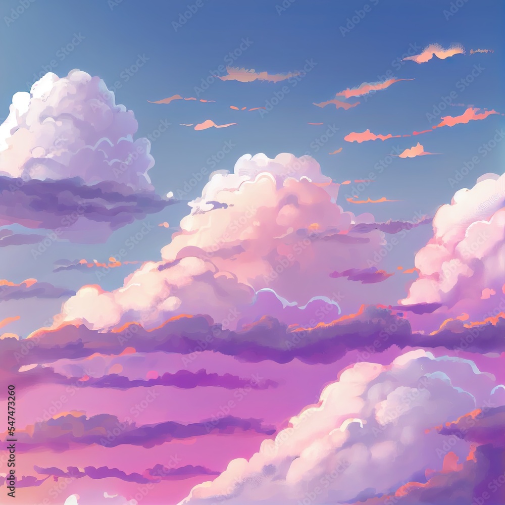 Anime, manga cloud painting. 4K sky wallpaper, moody, colorful background. A painted cloudscape, wit