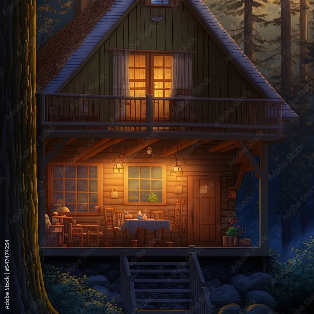 傍晚森林中的旧木屋露台3d渲染俯瞰内卧室