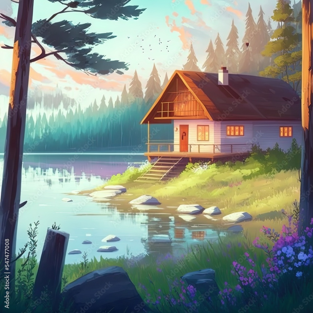 湖边的房子。自然中平静、祥和的木屋。美丽的数字绘画，大气，h