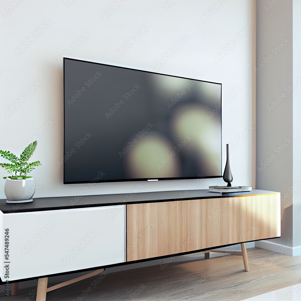 白色墙壁现代客厅电视支架上的电视宽屏幕。侧视图。三维插图