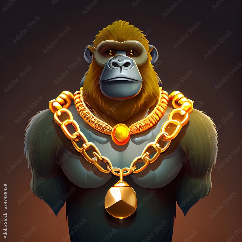 一只猿戴着一条巨大的金色项链的卡通插图。3d插图
