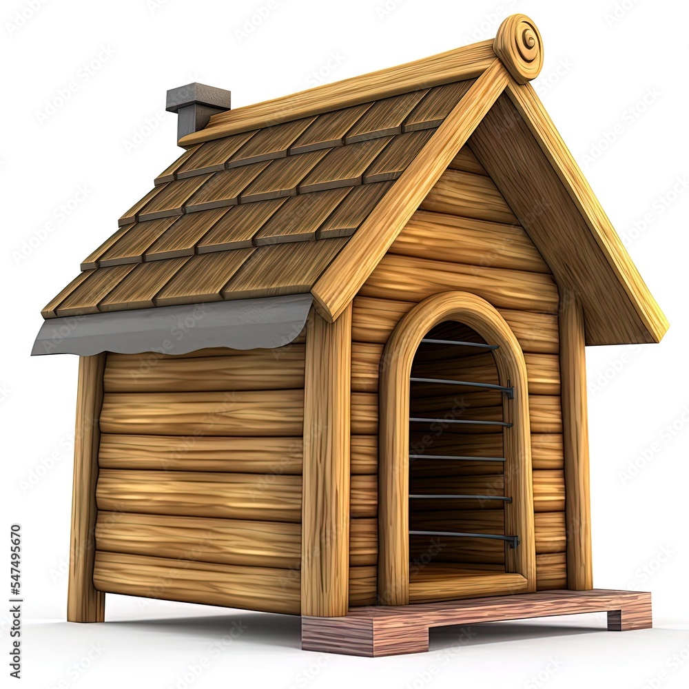 木制狗屋侧视图3D渲染图，隔离在白色背景上