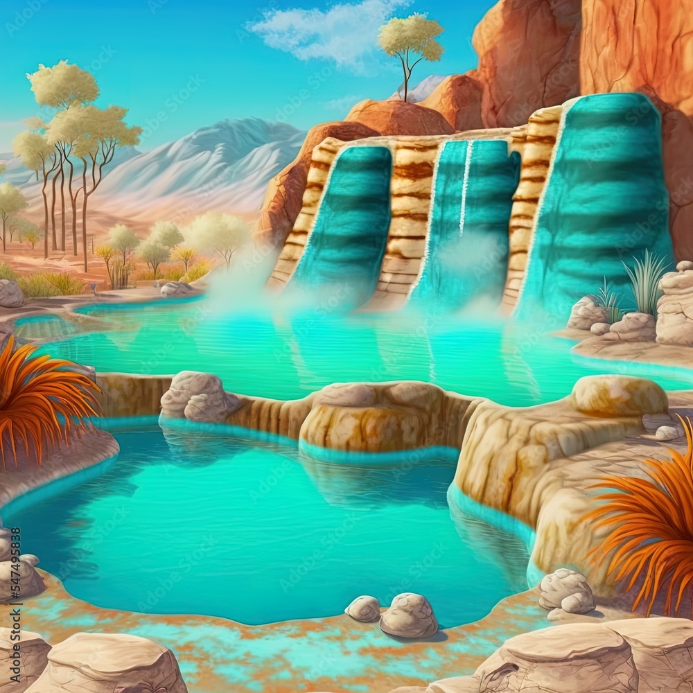 梦幻般的风景。矿物温泉。带热水的天然石灰华池，美丽的sc