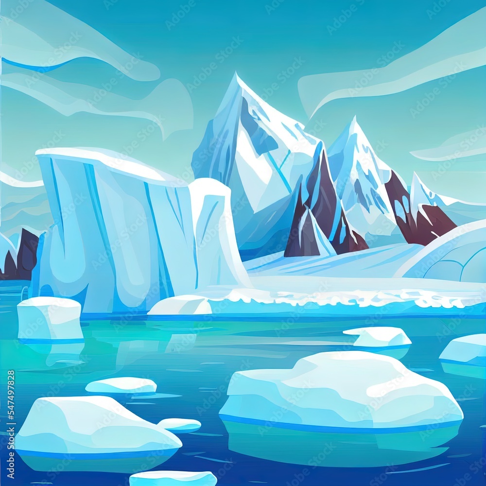 北极-南极景观插图。卡通霜冻的北方自然风光与冰山雪谋