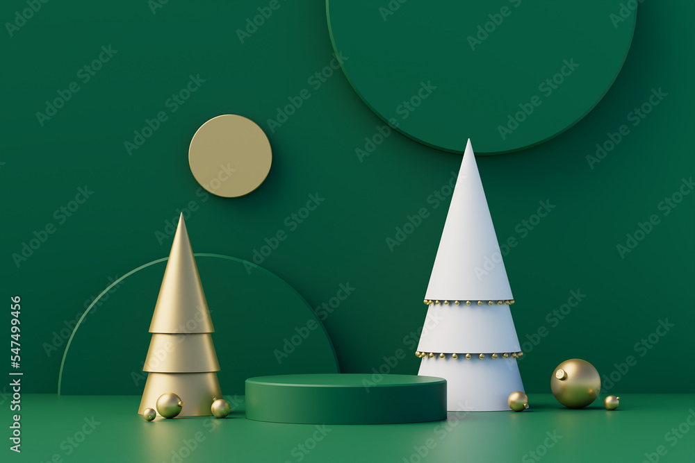 抽象简约的几何圣诞场景。绿色和金色背景的圆柱体讲台