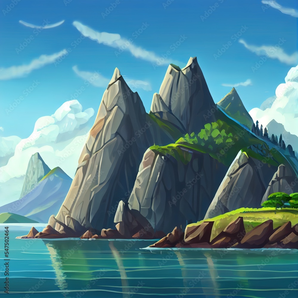 海岛，山脉。梦幻般的背景。概念艺术。现实主义插图。电子游戏数字CG A