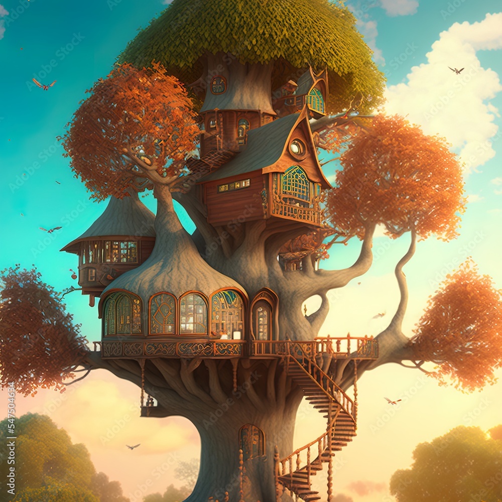 梦幻树屋。童话般的幻想景观，树屋。3d渲染，光栅插图。