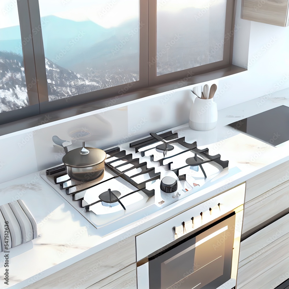 现代白色厨房台面，带燃气炉和水槽，3D渲染
