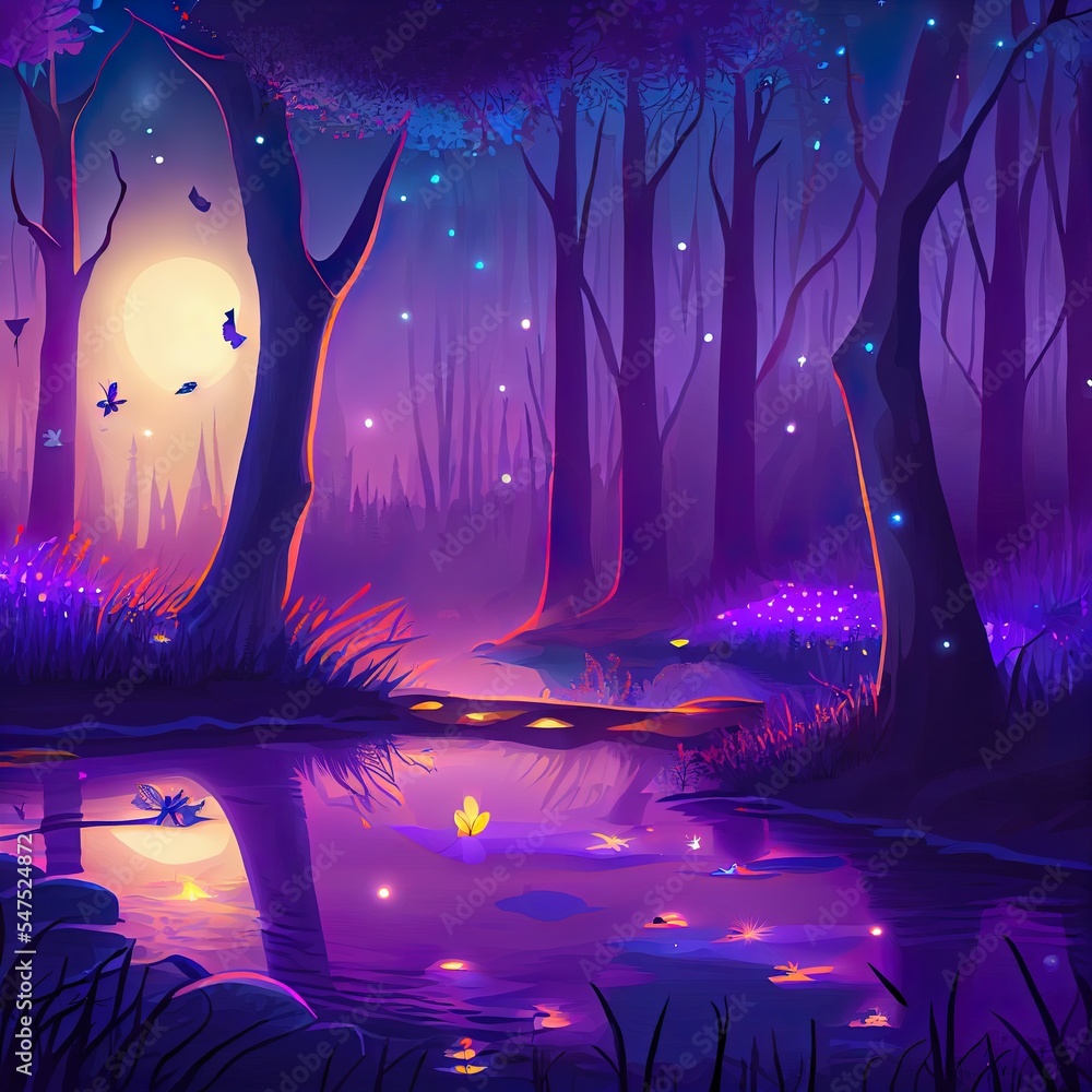 树下神秘的紫色池塘上有发光的萤火虫和蝴蝶的夜魔法森林。自然