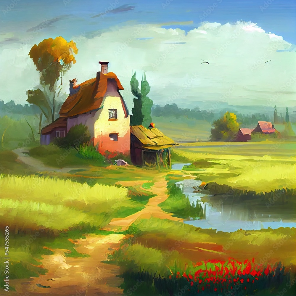 数字油画乡村景观，老村庄，田野里的房子，草地里的房子