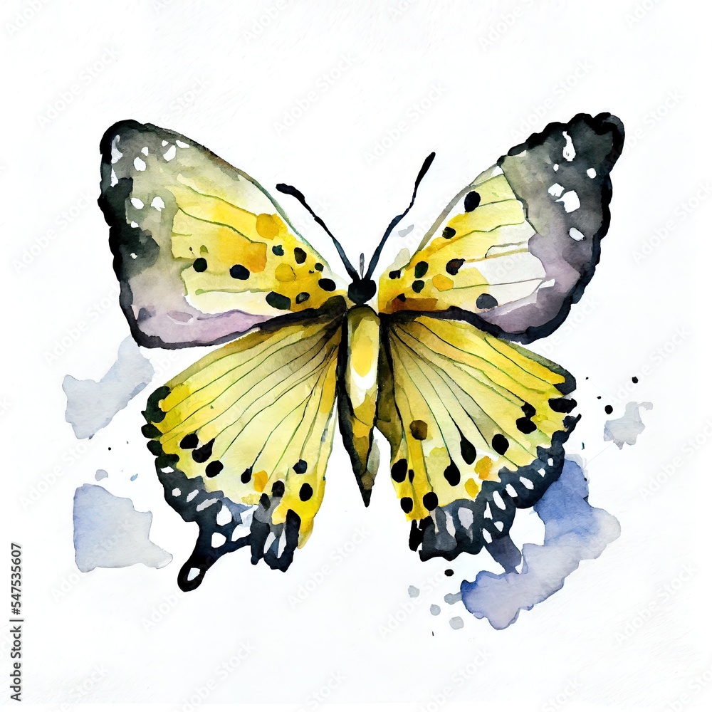 白色背景下的黄色蝴蝶。水彩手绘插图草图
