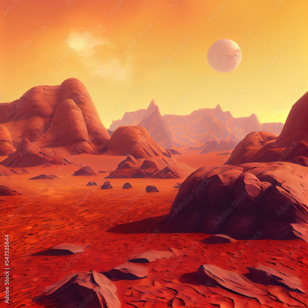 火星行星景观，虚拟火星行星地形的三维渲染，带有山的橙色侵蚀沙漠
