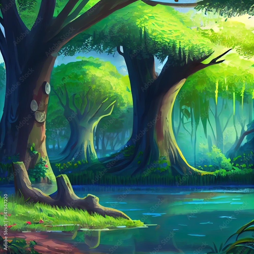 河岸上美丽的树木。湖泊森林秘密花园。梦幻背景概念艺术。现实主义Il