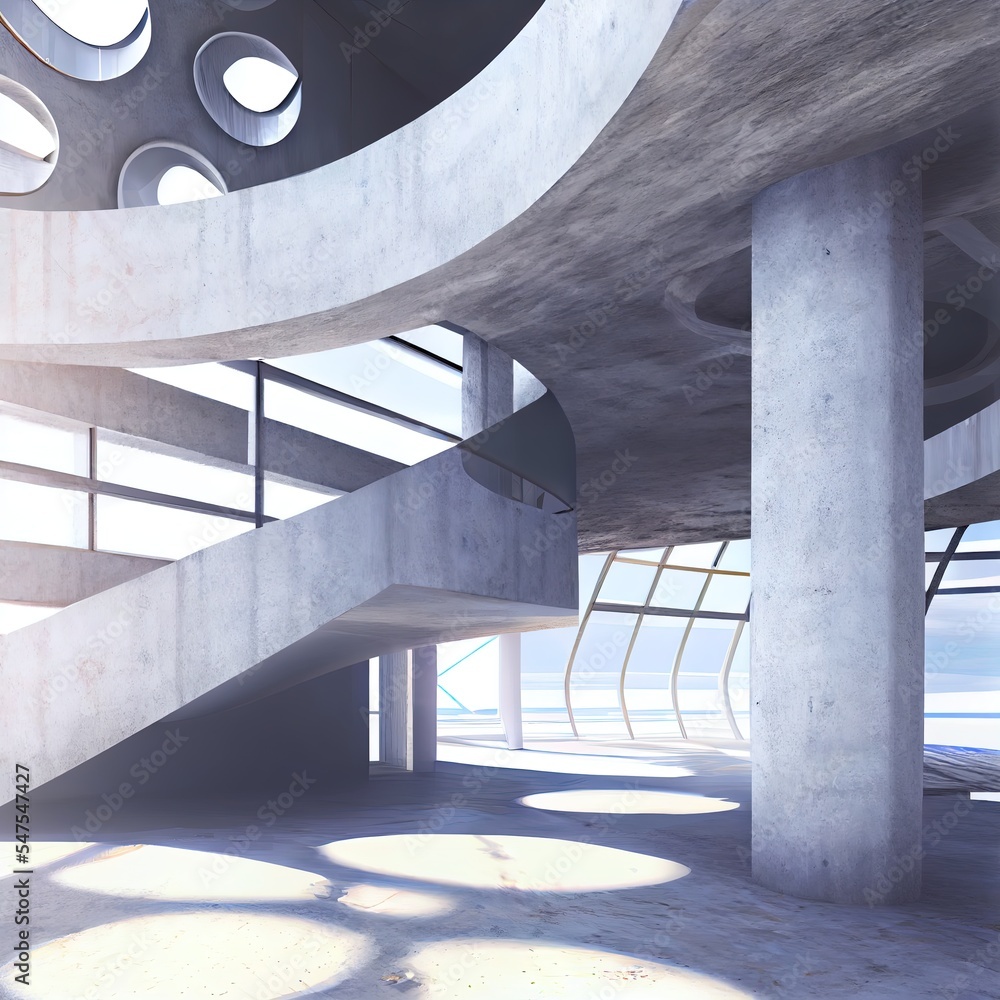 抽象的混凝土内部多层公共空间，带窗户。3D插图和渲染。
