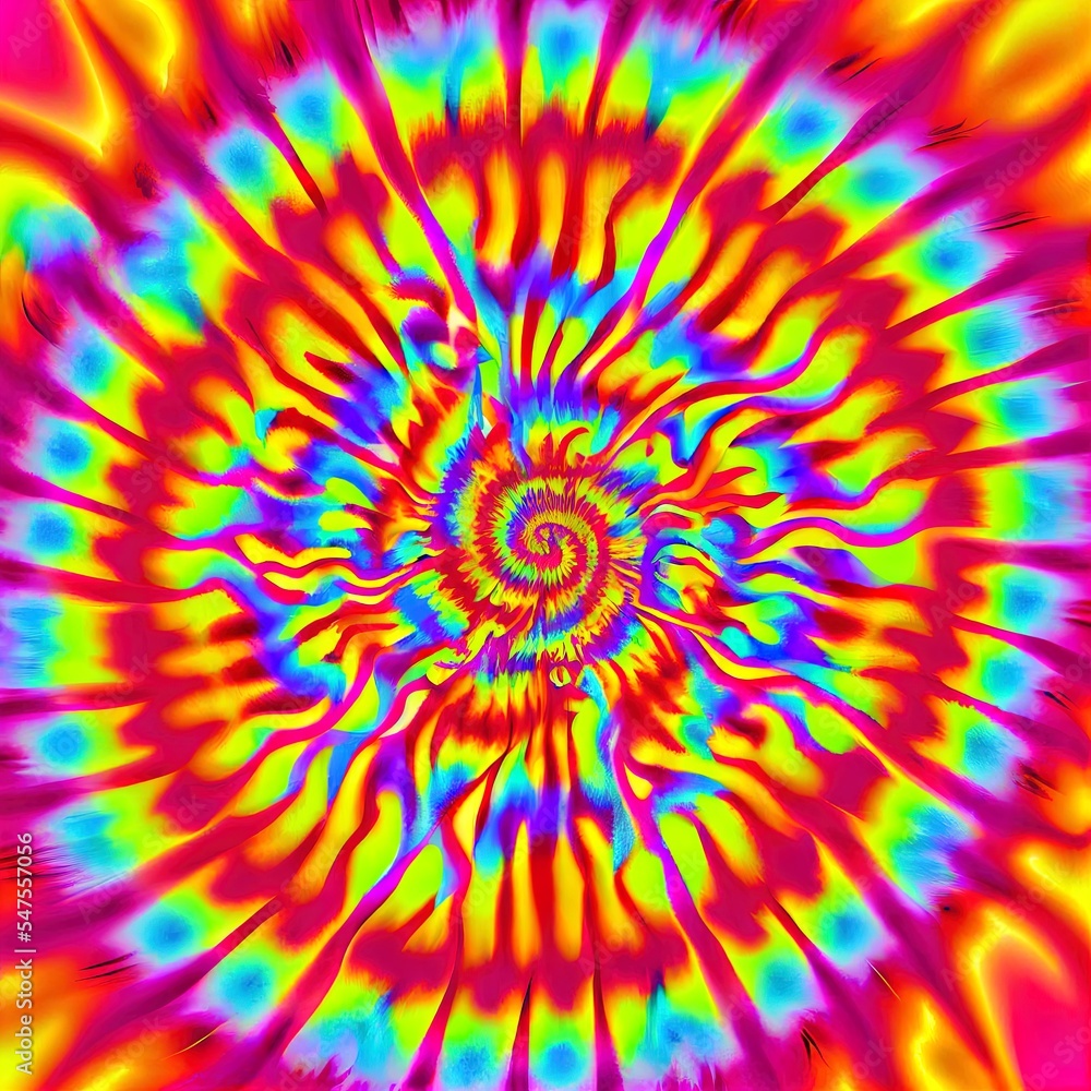 Shibori Spiral。迷幻图案。明亮螺旋印花。扎染派对。Fire Psychedelic图案。