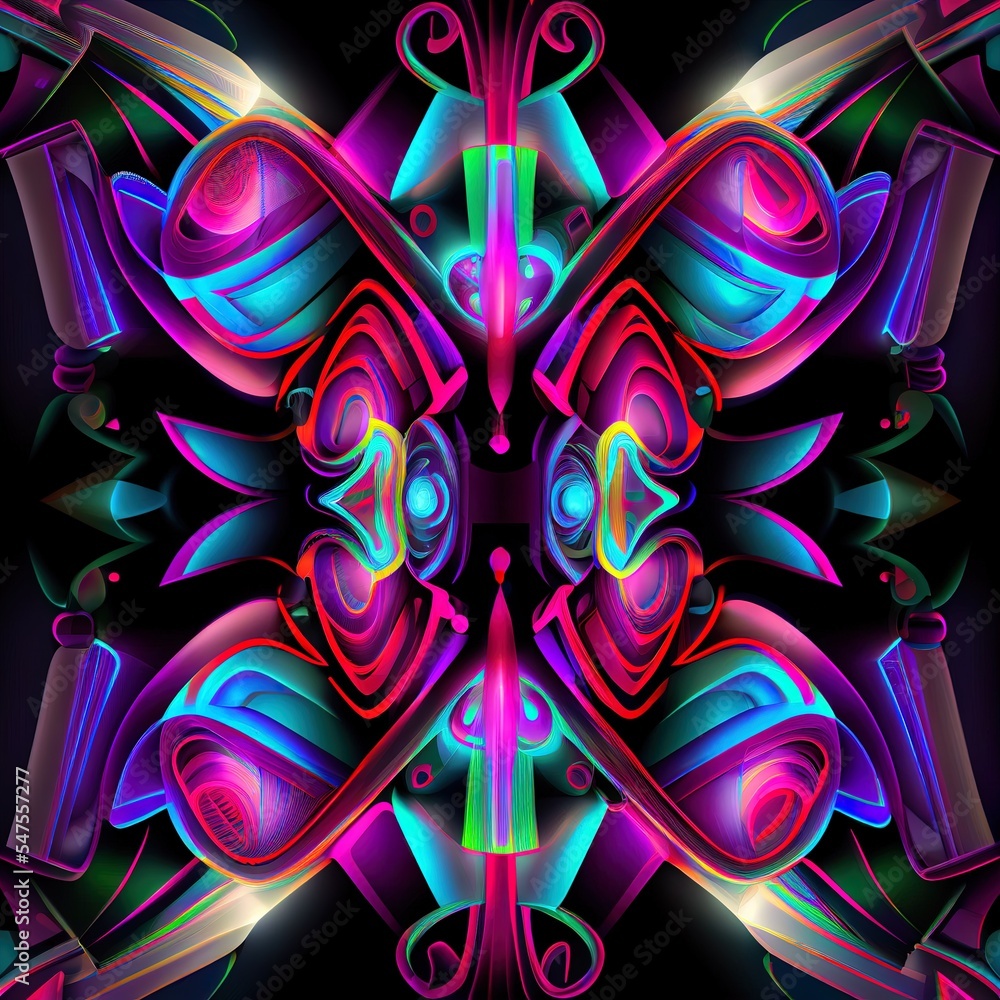 彩色霓虹抽象对称灯。丝绸对称系列。
