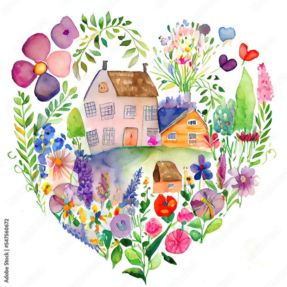 夏季野花、花束、鲜花和心形房屋的水彩插图。手绘