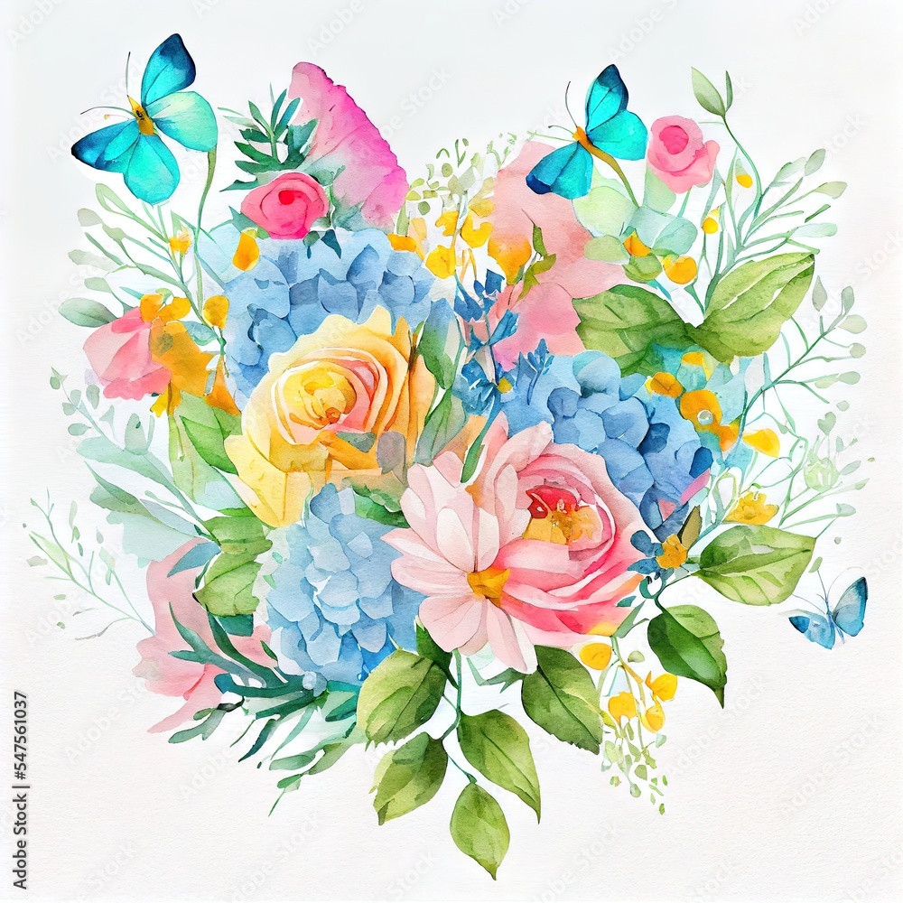 蝴蝶水彩花束插图，浅粉色、蓝色、黄色鲜艳的花朵，绿色l
