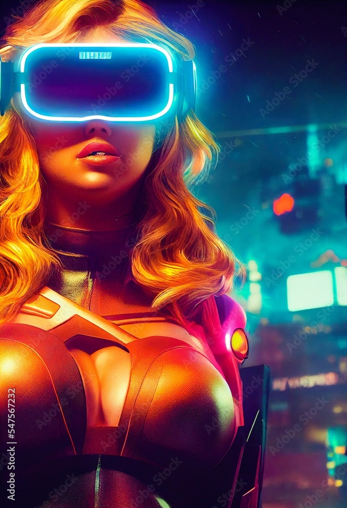 赛博朋克世界中引人注目的未来主义女性，戴着带有发光紫外线的VR耳机肖像