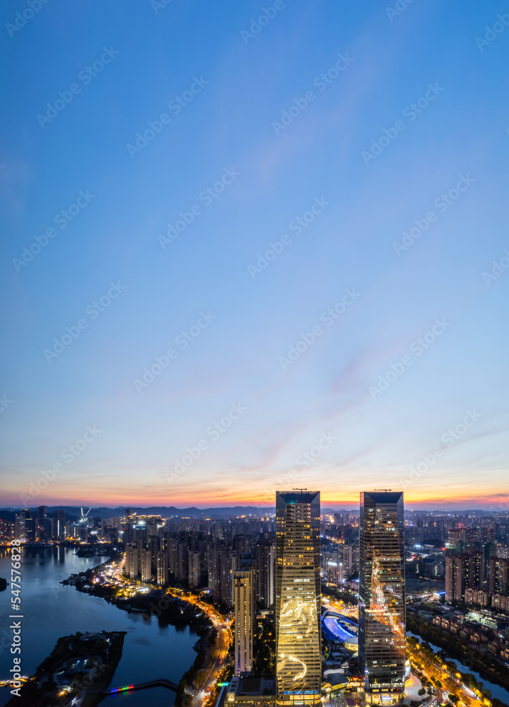 中国湖南省长沙市湘江新区CBD建筑夜景