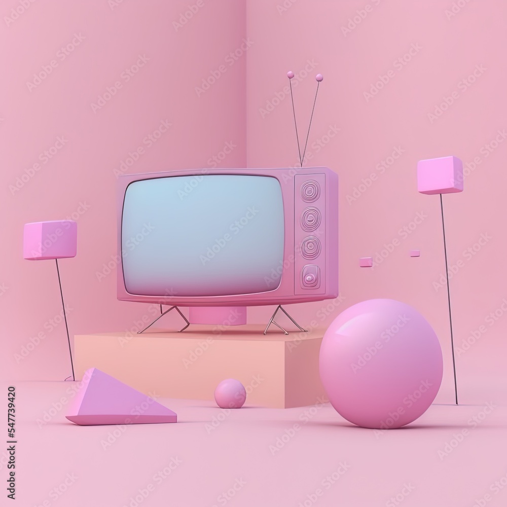 3D渲染卡通简约风格的电视现代播放漂浮在粉红色柔和的背景上，无线媒体