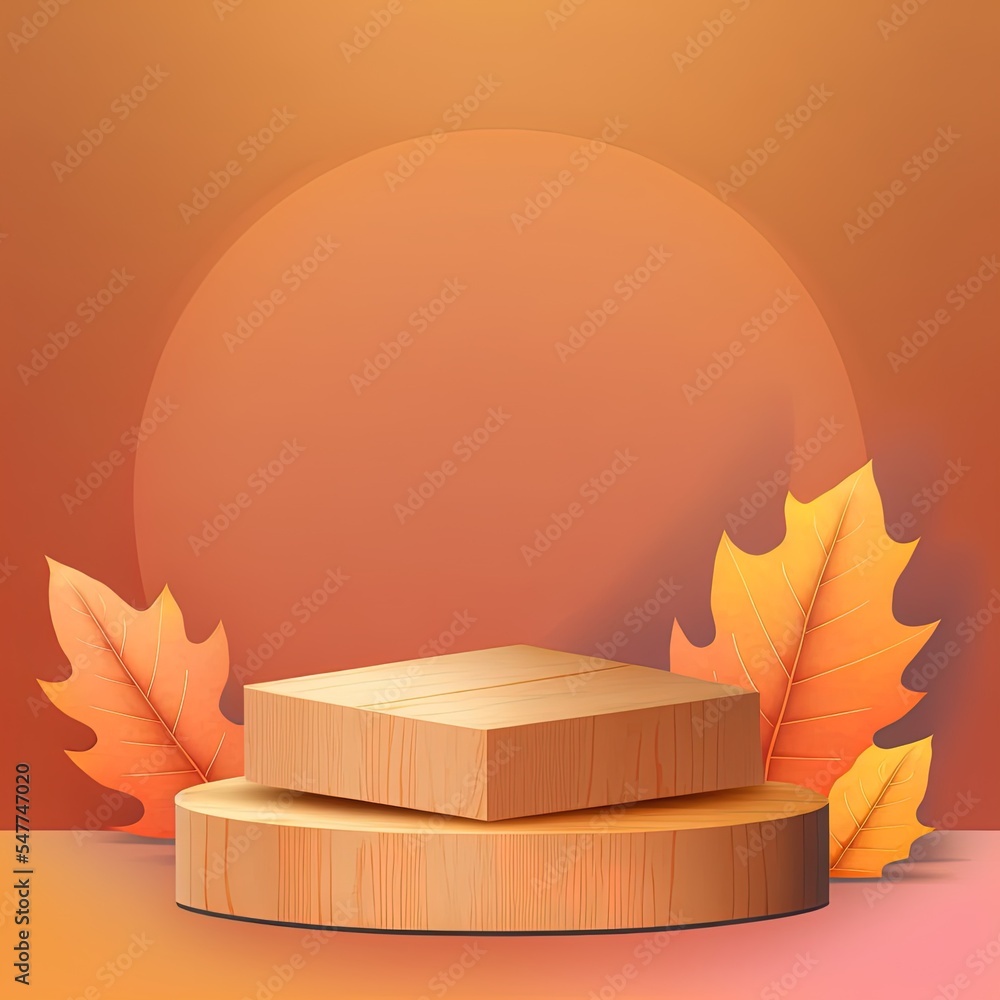 橙色背景的木质讲台，彩色秋叶概念场景舞台展示，产品，公关