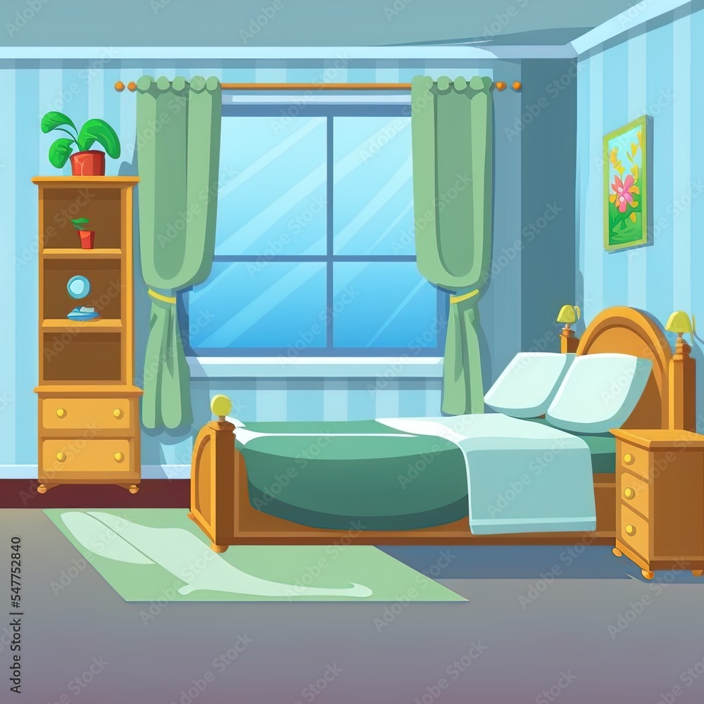 卧室内部的二维插图，包括床、床头柜、衣柜和窗户。