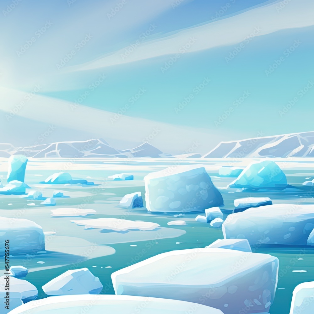 冬季北极景观。冰丘和雪堆的景色。冰冻的海洋。白雪覆盖的浮冰