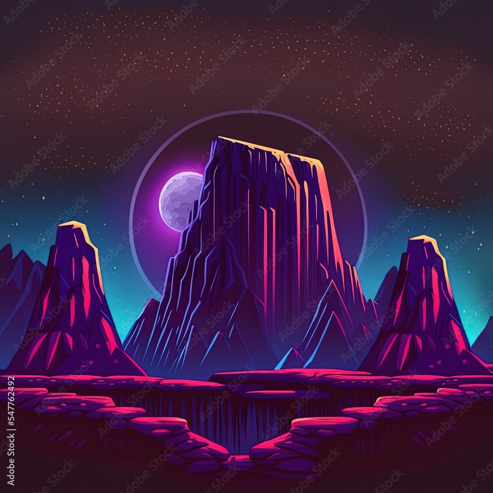 外星行星表面，岩石悬崖上方有发光的月亮或卫星的未来主义景观背景