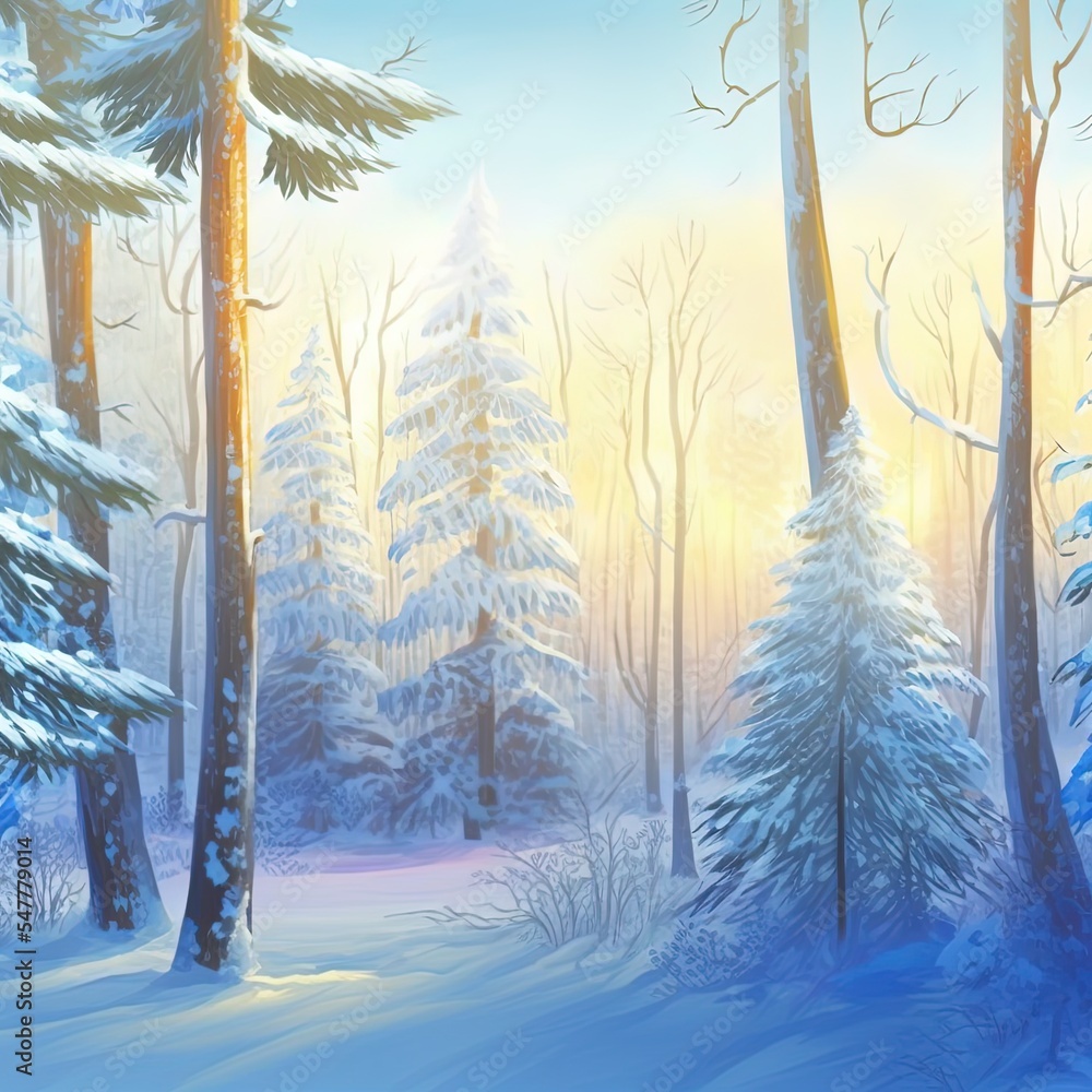 全景。美丽的冬季景观背景是白雪覆盖的树木。阳光明媚的冬季背景。