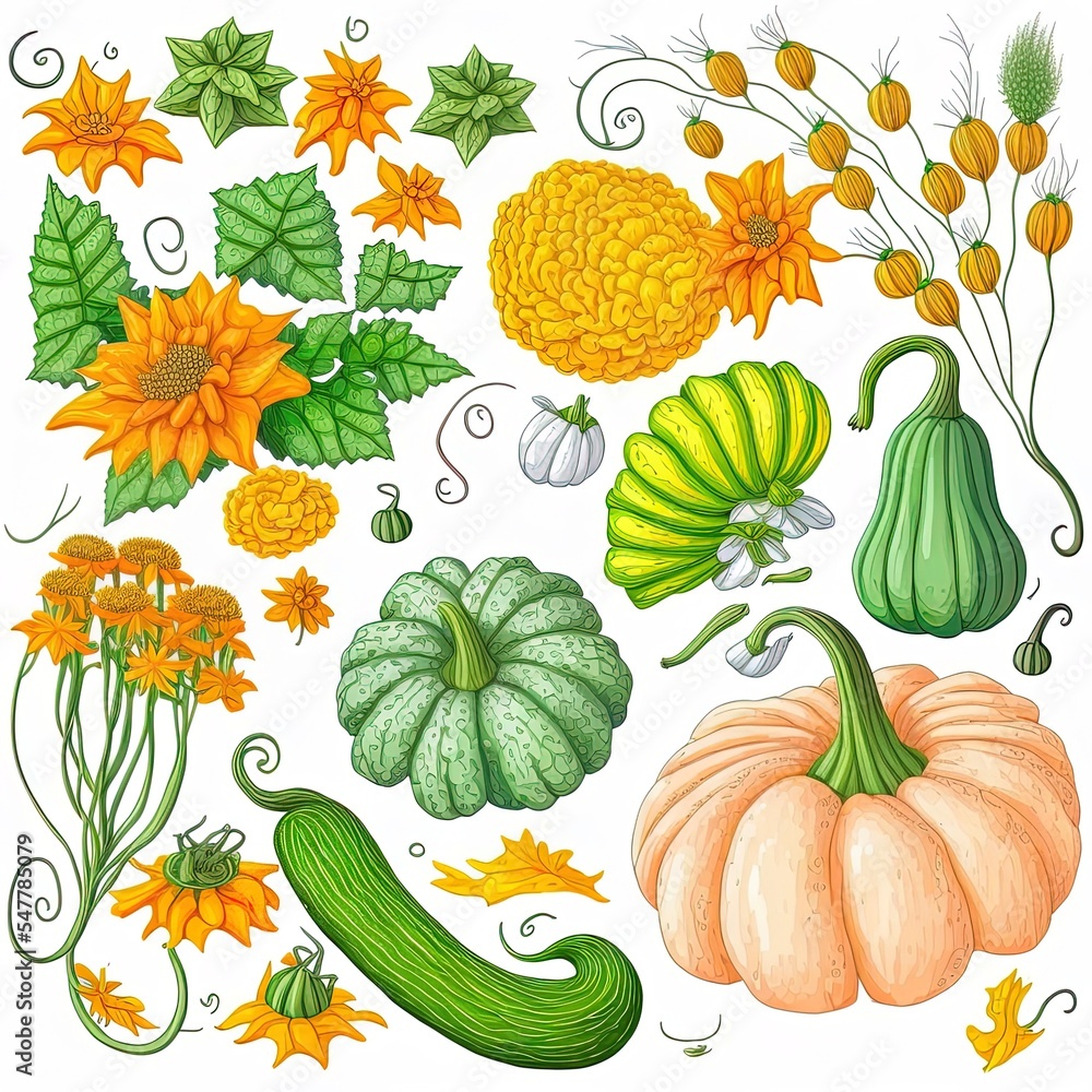 白色背景上南瓜、黄瓜和西葫芦的花朵、叶子、花蕾和漩涡的插图
