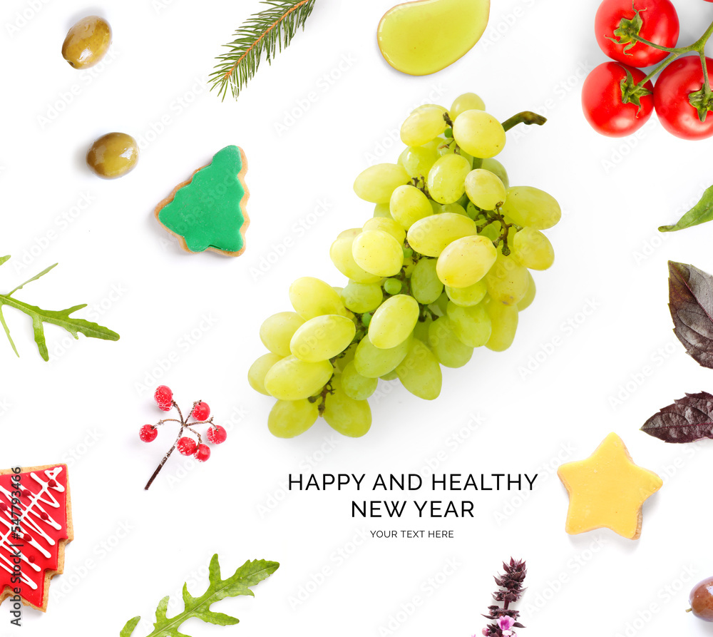 由葡萄、橄榄、番茄、饼干、橄榄油和mediterr制成的创意快乐健康新年贺卡