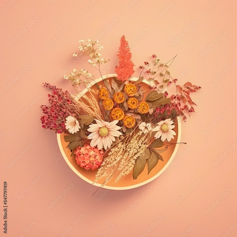 秋天的构图孤立的米色背景上碗里的野花花束秋天，秋天的概念