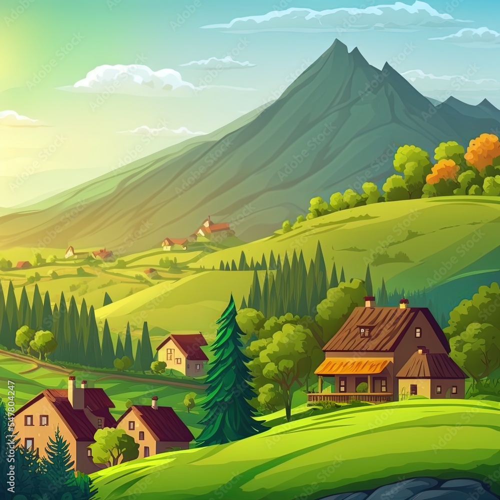 夏季风景，有山、村庄的房子和树木。cou的2d卡通插图