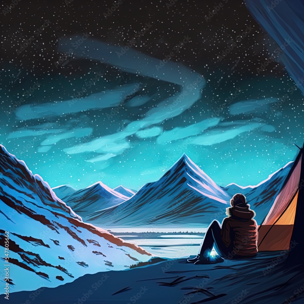 一名女子在瑞典拉普兰（Nallo）被雪覆盖的山区露营时看着夜空